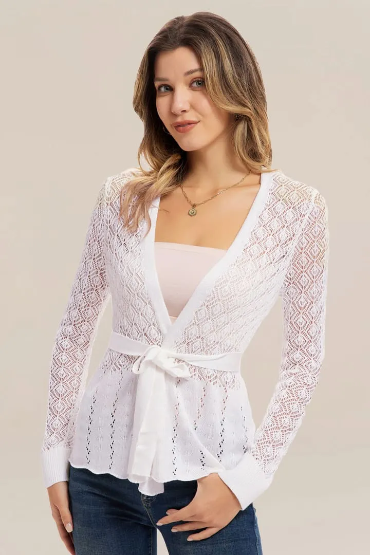 GRACE KARIN Women Hollowed-out Cardigan with Belt Long Sleeve Open Front Knitwear sold by Grace Karin