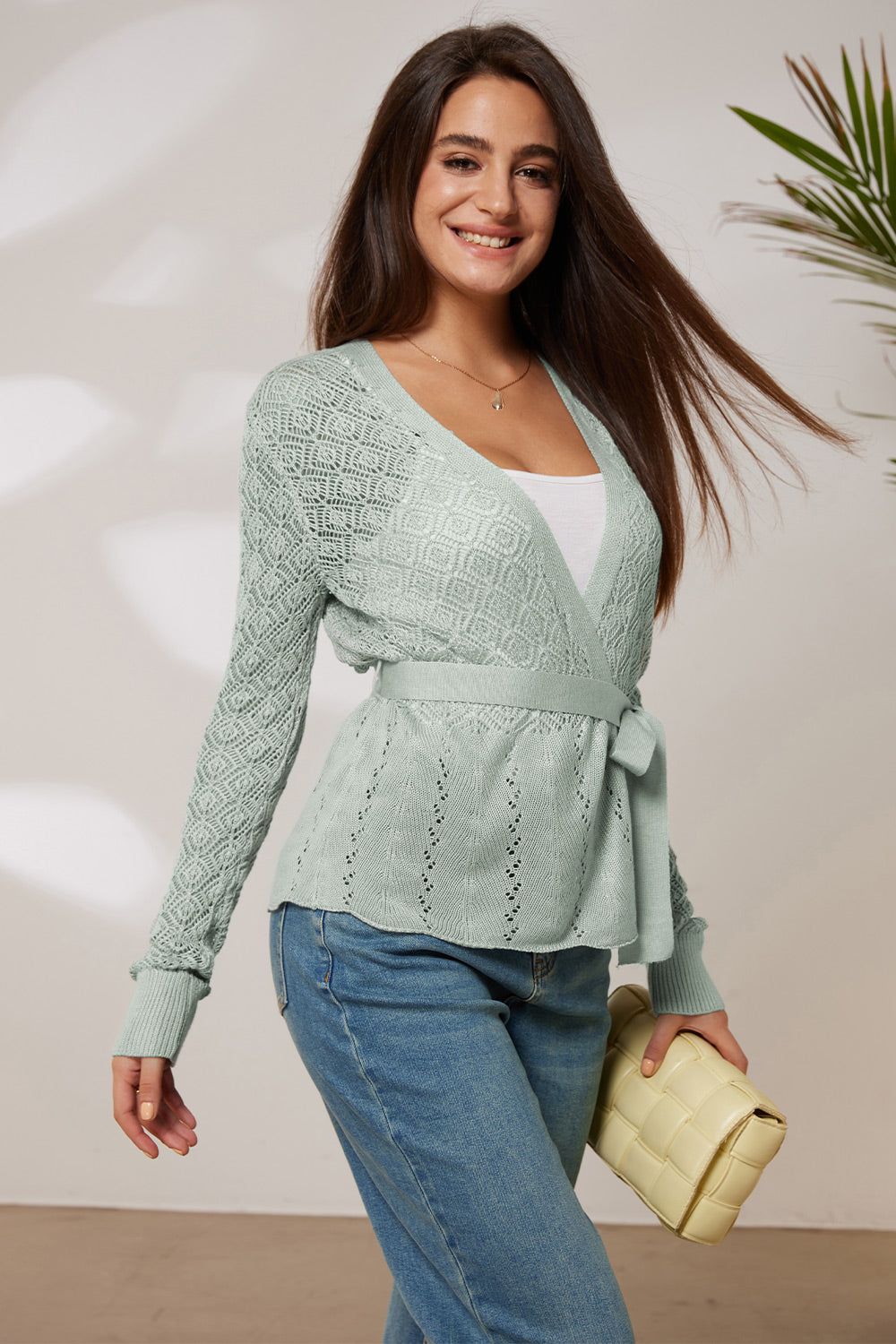 GRACE KARIN Women Hollowed-out Cardigan with Belt Long Sleeve Open Front Knitwear sold by Grace Karin
