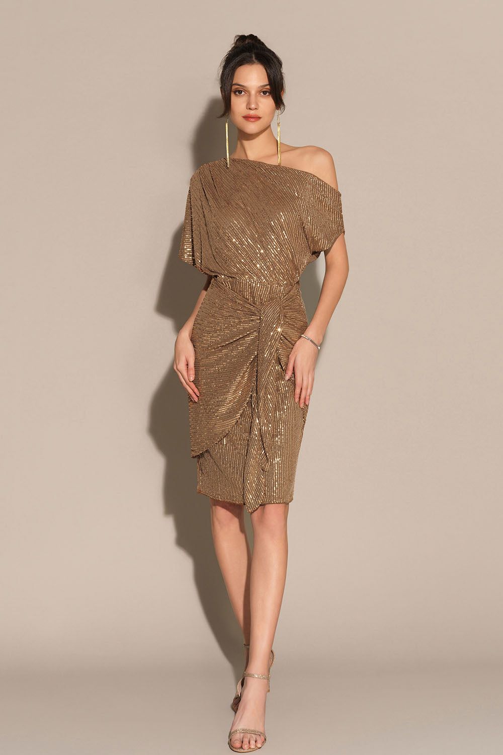 Sequined Asymmetric Off Shoulder Bodycon Party Midi Dress - Brown sold by Grace Karin product image thumbnail 4