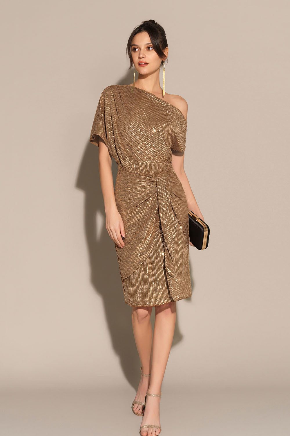 Sequined Asymmetric Off Shoulder Bodycon Party Midi Dress - Brown sold by Grace Karin product image thumbnail 2