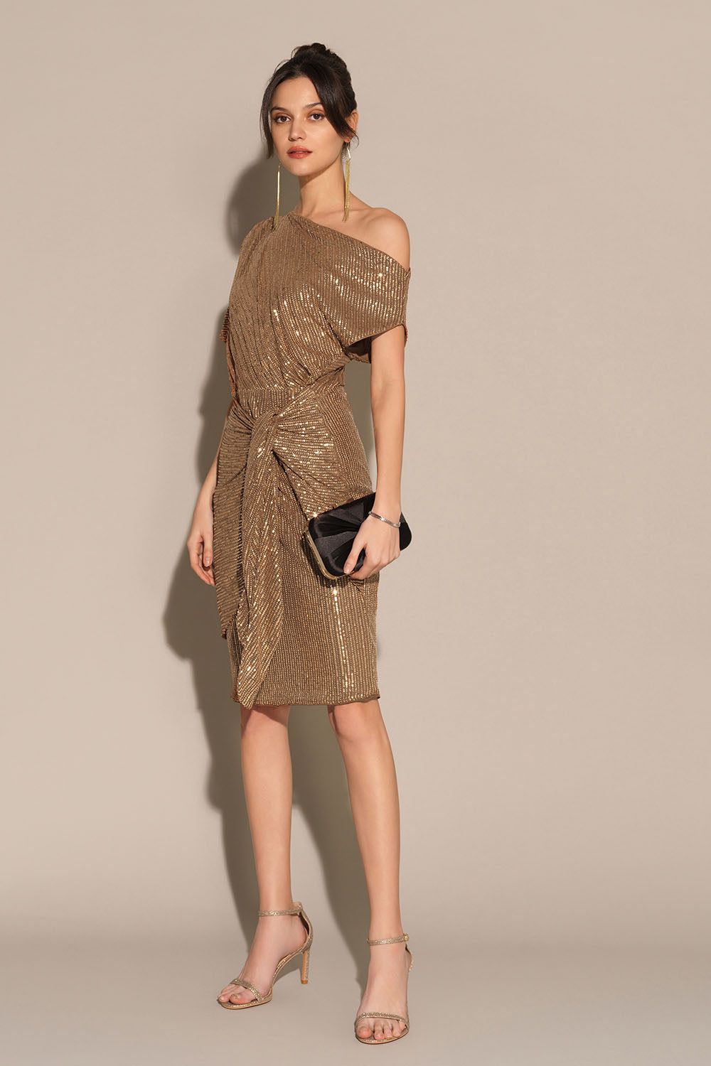Sequined Asymmetric Off Shoulder Bodycon Party Midi Dress - Brown sold by Grace Karin product image thumbnail 5