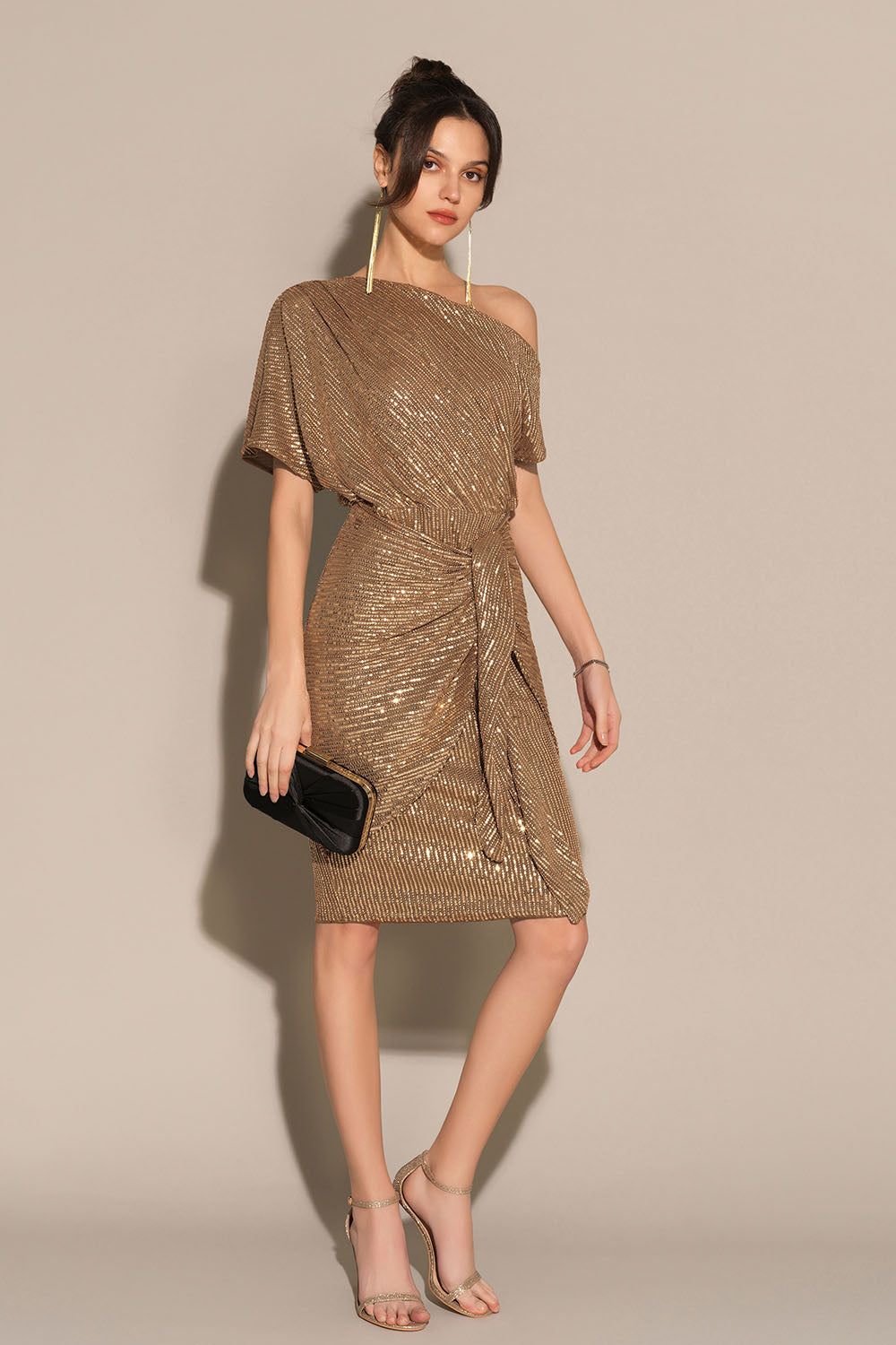 Sequined Asymmetric Off Shoulder Bodycon Party Midi Dress - Brown sold by Grace Karin product image thumbnail 3
