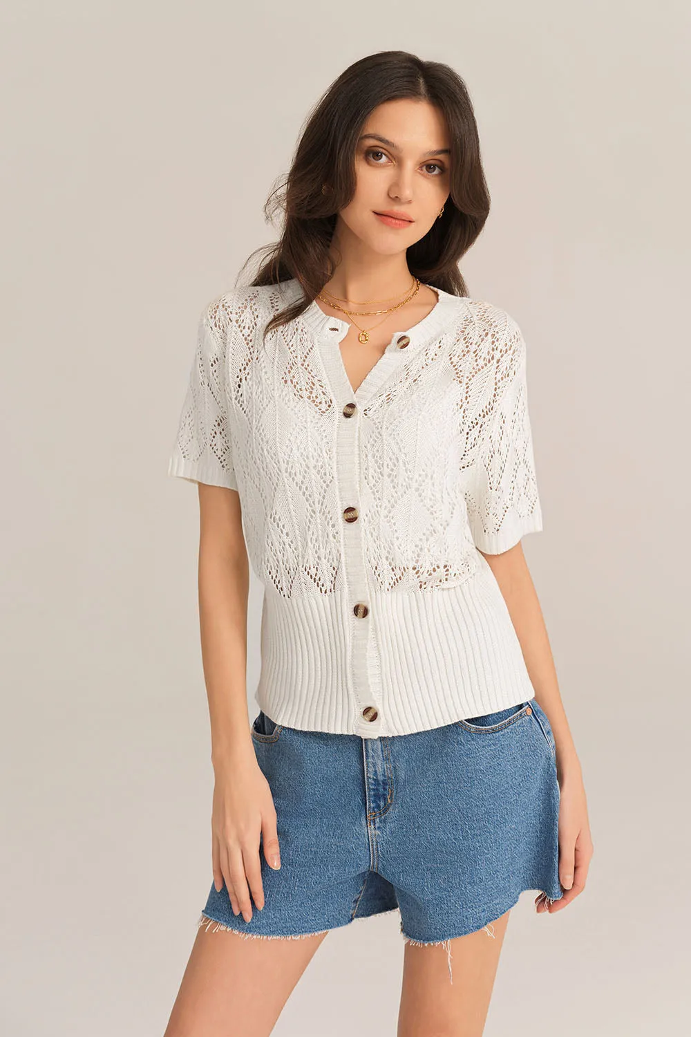 Hollowed-out Short Sleeve Crew Neck Button-up knitted Cardigan - White sold by Grace Karin product image thumbnail 2