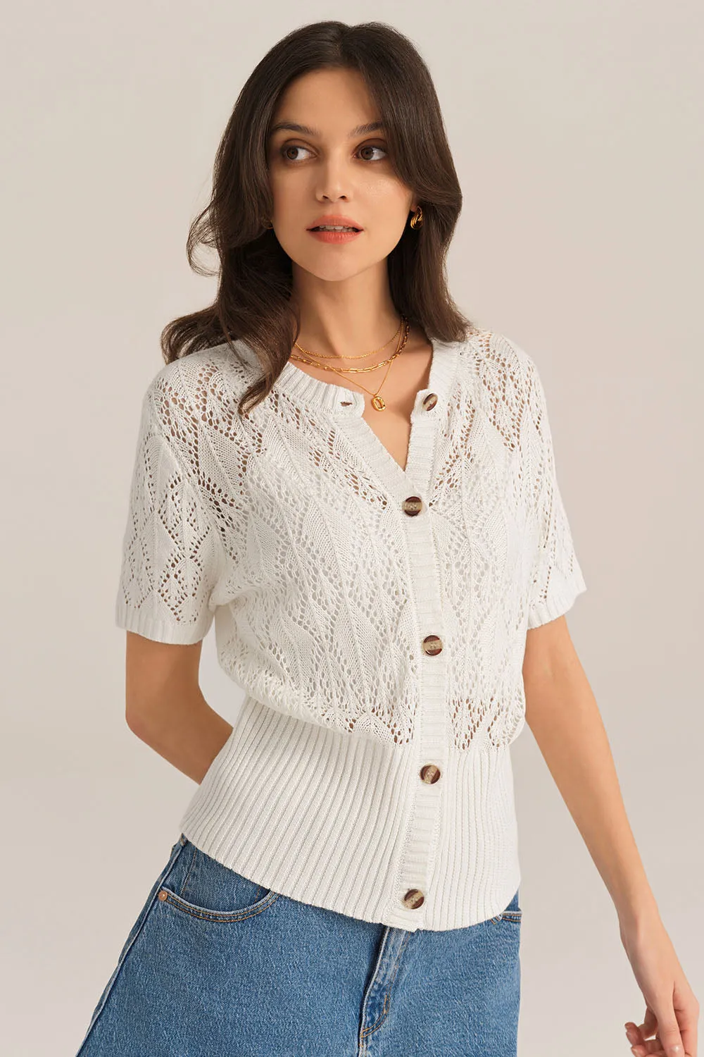 Hollowed-out Short Sleeve Crew Neck Button-up knitted Cardigan - White sold by Grace Karin