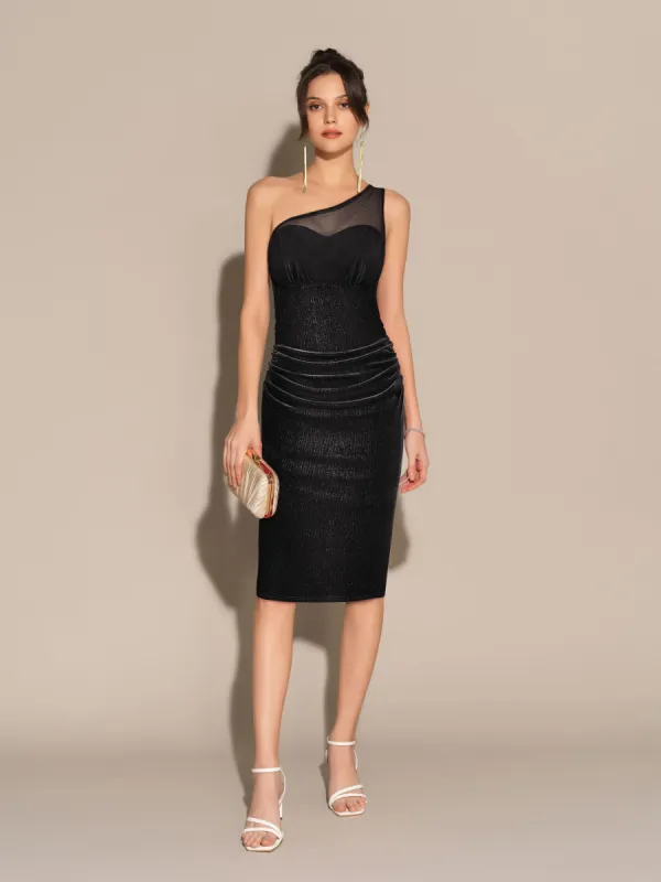 Mesh Patchwork One-Shoulder Back Slit Bodycon Party Dress - Black sold by Grace Karin