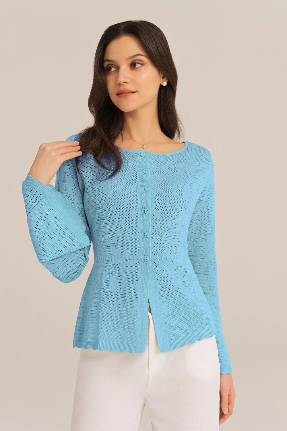 Hollowed Out Ruffle Hem Knitted Bell Cardigan Long Sleeve - Blue sold by Grace Karin product image thumbnail 2
