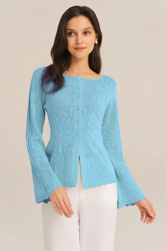 Hollowed Out Ruffle Hem Knitted Bell Cardigan Long Sleeve - Blue sold by Grace Karin