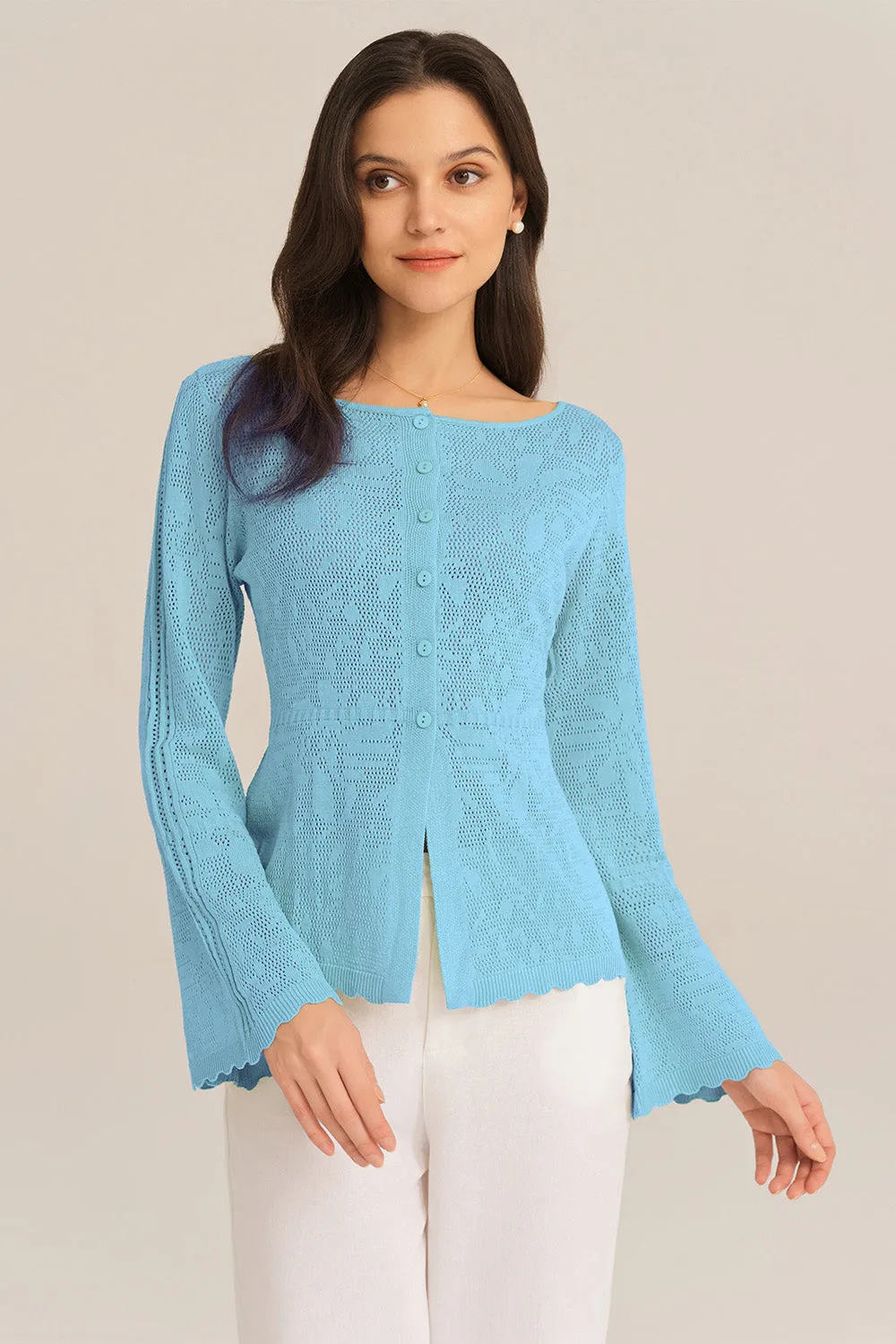 Hollowed Out Ruffle Hem Knitted Bell Cardigan Long Sleeve - Blue sold by Grace Karin