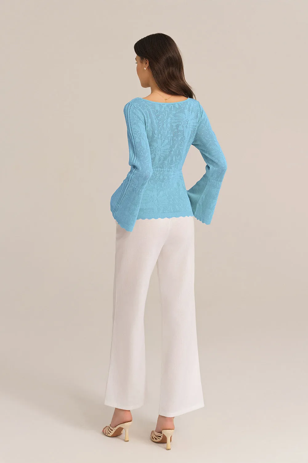 Hollowed Out Ruffle Hem Knitted Bell Cardigan Long Sleeve - Blue sold by Grace Karin product image thumbnail 4