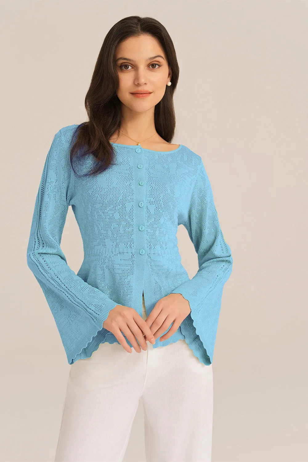 Hollowed Out Ruffle Hem Knitted Bell Cardigan Long Sleeve - Blue sold by Grace Karin product image thumbnail 3