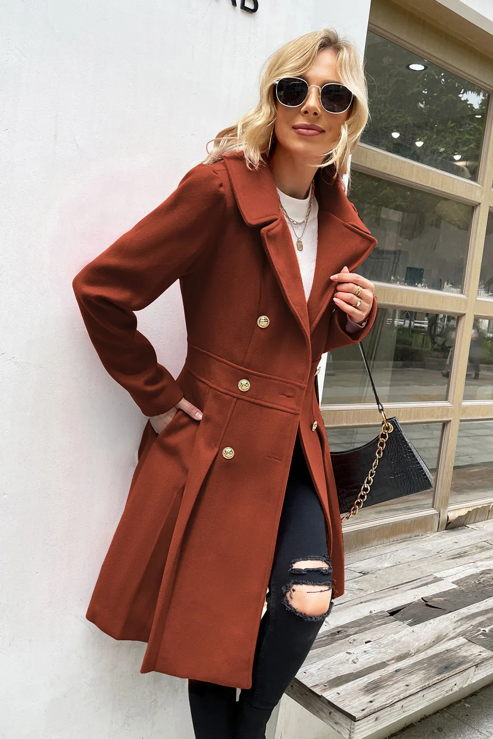 GK Women Double Breasted Overcoat Above Knee Pleated A-Line Wool Blends Coat sold by Grace Karin