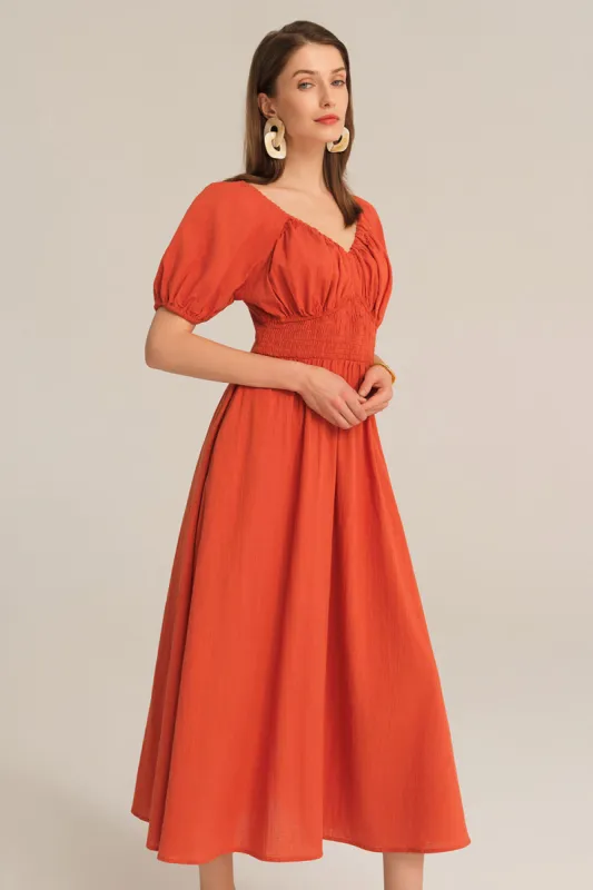 Casual Short Sleeve V-Neck Cotton Smocked Waist Dress - Brown sold by Grace Karin