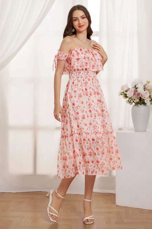 GK Women Smocked Bodice Mid-Calf Dress Off Shoulder Tiered A-Line Dress sold by Grace Karin