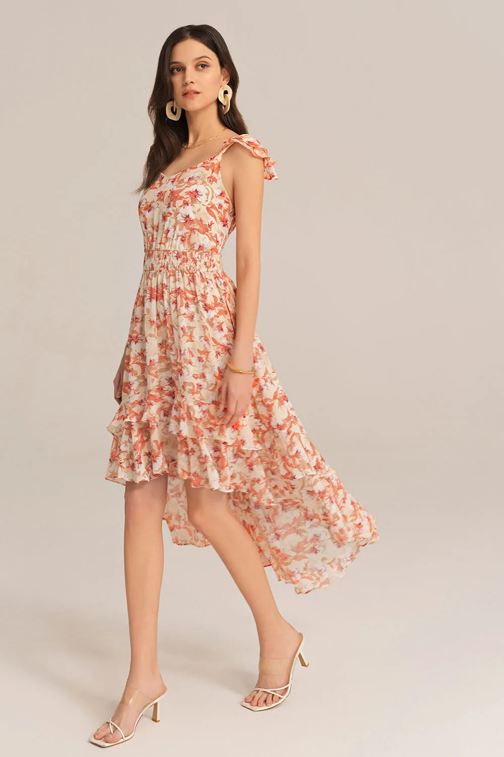 Spaghetti Strap Elastic Waist Chiffon Floral Dress - Orange sold by Grace Karin