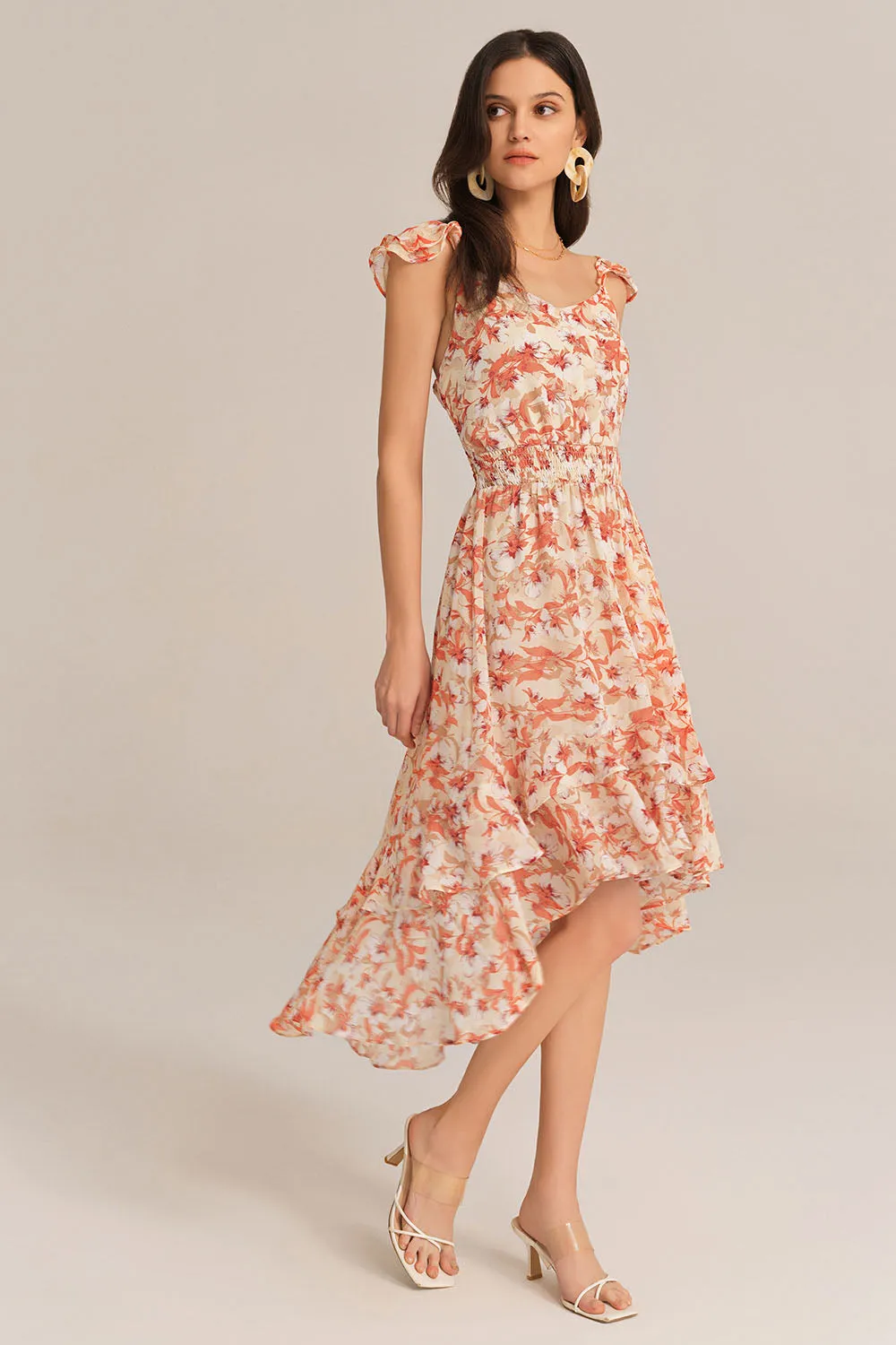 Spaghetti Strap Elastic Waist Chiffon Floral Dress - Orange sold by Grace Karin product image thumbnail 4