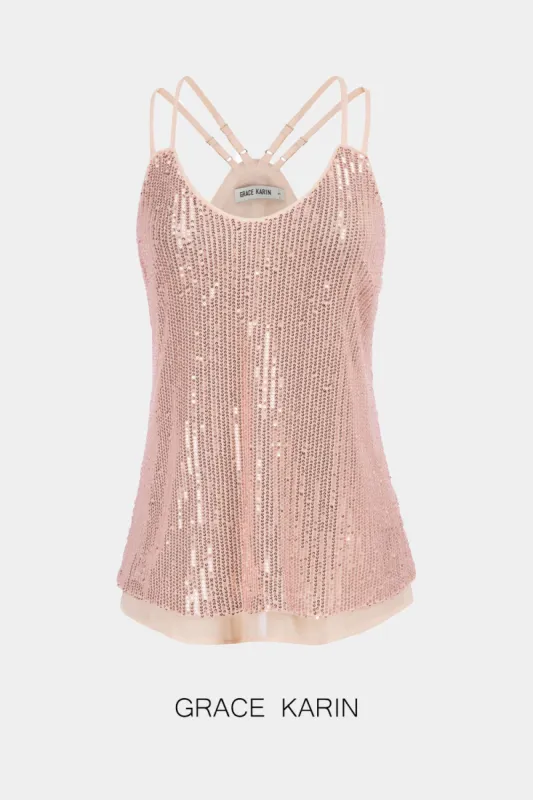 GRACE KARIN Women Sequined Cami Tops Dual Shoulder Strap V-Neck A-Line Tops sold by Grace Karin