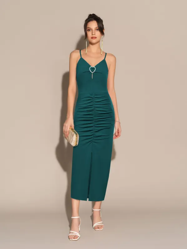 Front Slit V-Neck Spaghetti Straps Ruched Bodycon Party Dress - Green sold by Grace Karin