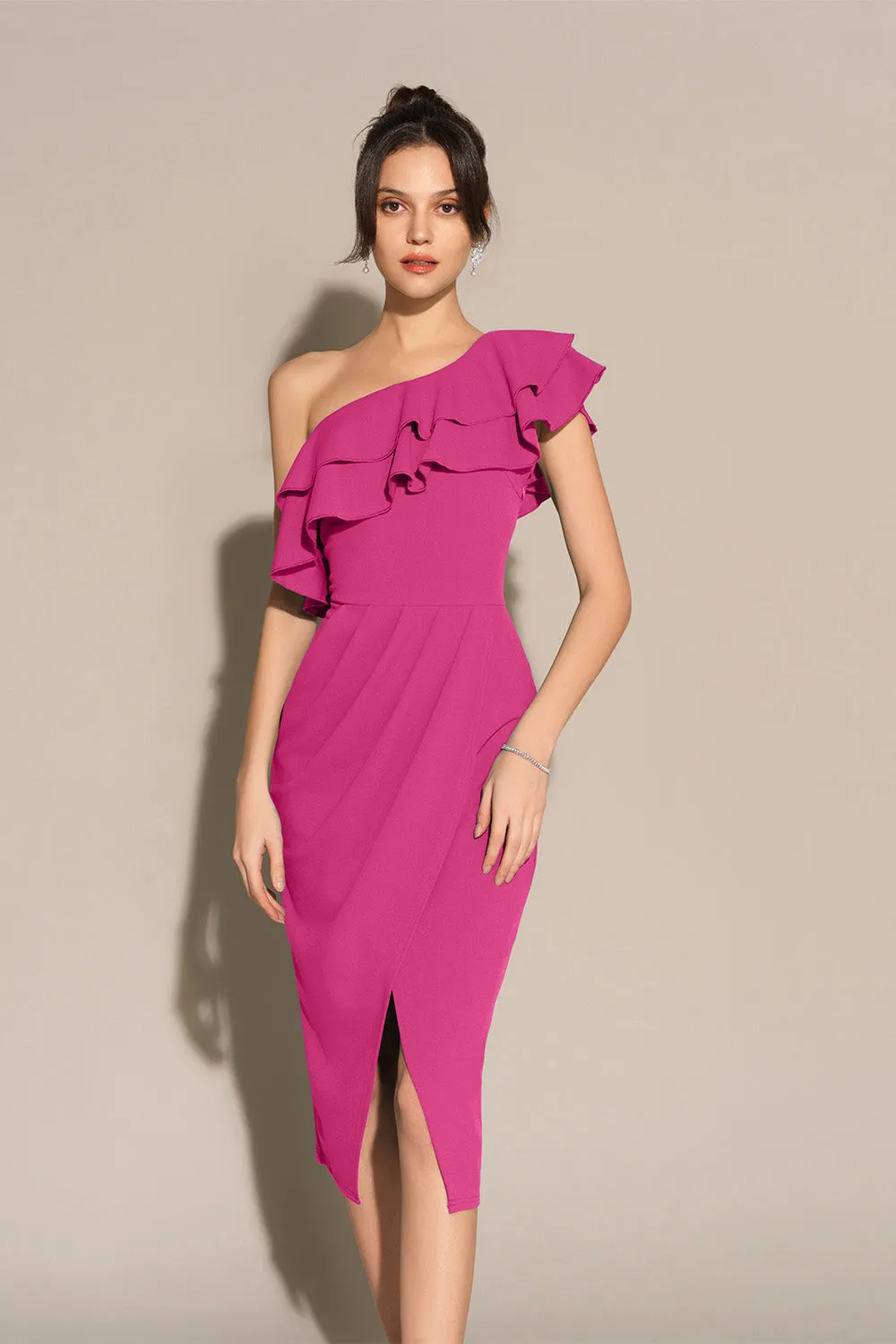 Wrap Hem Ruched One-Shoulder Oblique Neck Bodycon Party Dress - Pink sold by Grace Karin product image thumbnail 3