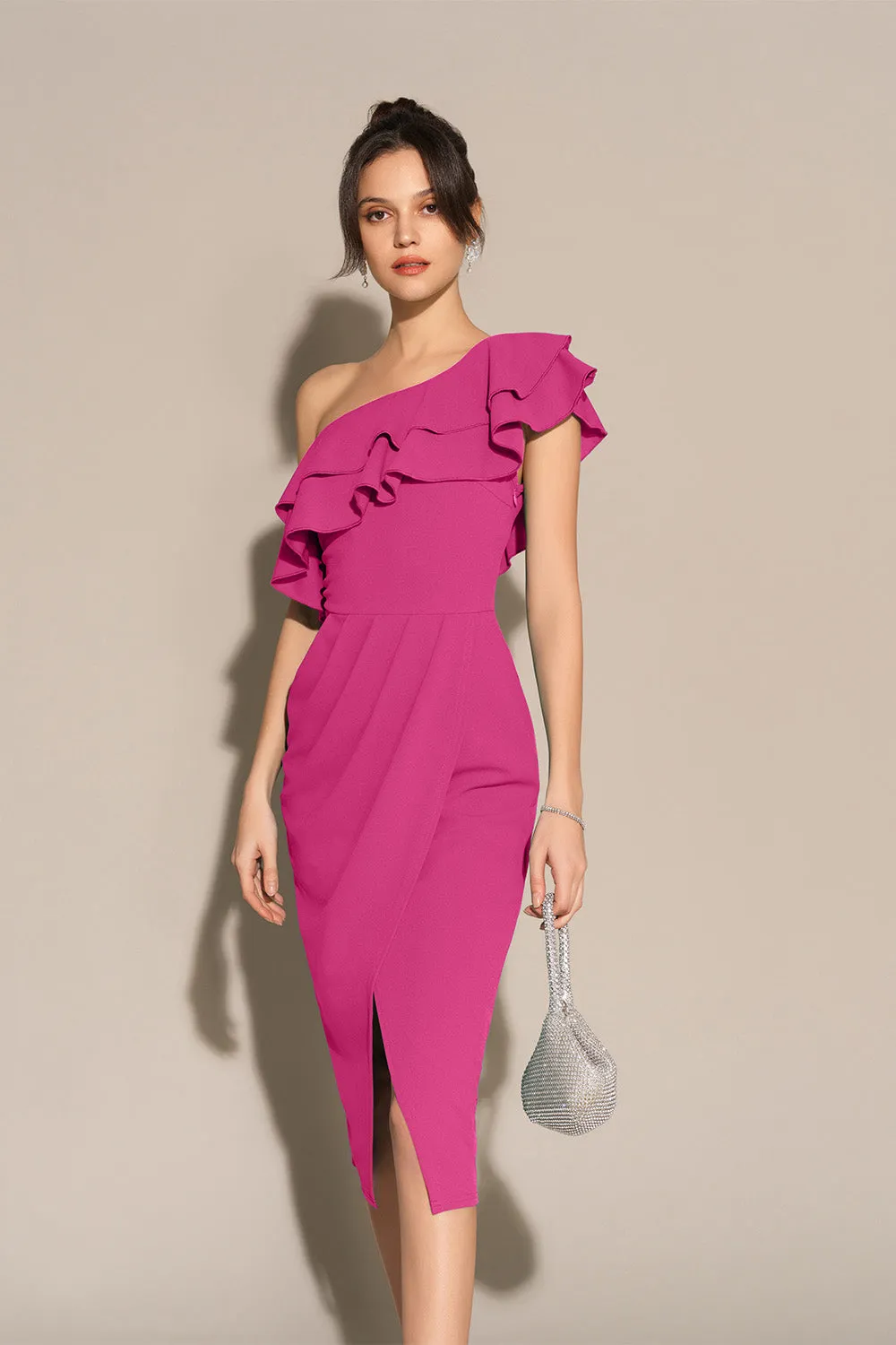 Wrap Hem Ruched One-Shoulder Oblique Neck Bodycon Party Dress - Pink sold by Grace Karin product image thumbnail 4