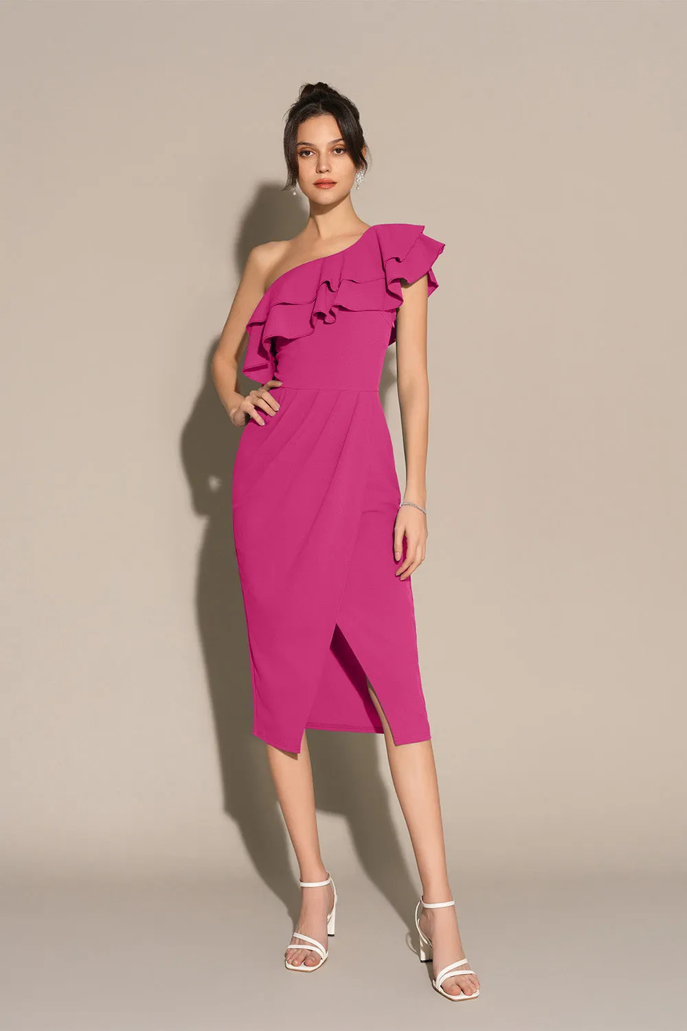 Wrap Hem Ruched One-Shoulder Oblique Neck Bodycon Party Dress - Pink sold by Grace Karin