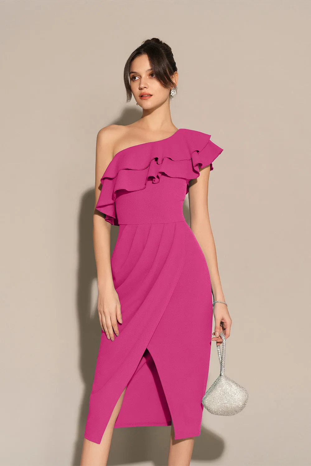 Wrap Hem Ruched One-Shoulder Oblique Neck Bodycon Party Dress - Pink sold by Grace Karin product image thumbnail 2