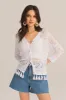 Hollowed Out V-Neck Fringed Knitted 3/4 Sleeve Cardigan - White sold by Grace Karin