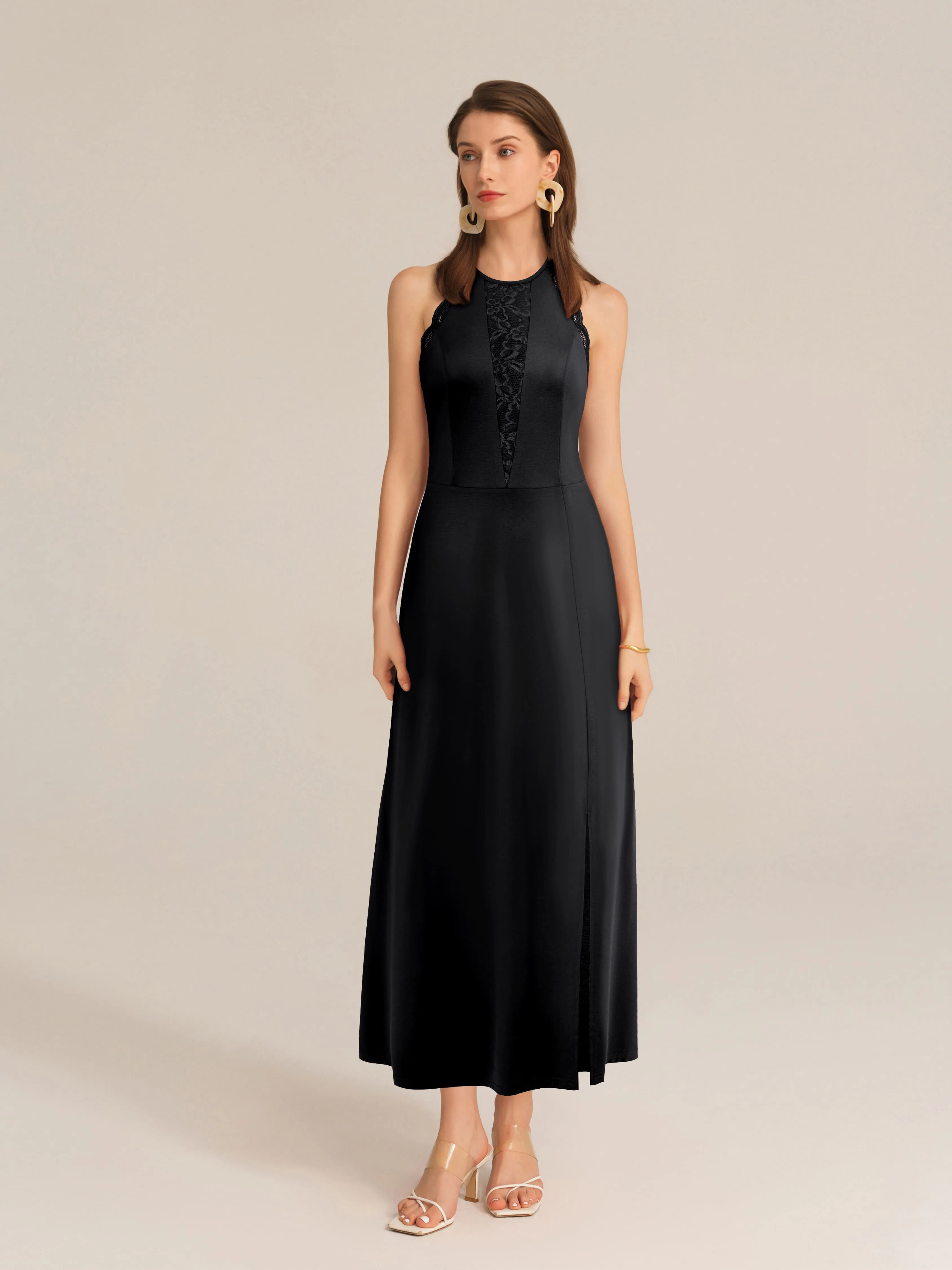 Lace Patchwork Halterneck Front Slit Party Maxi Dress - Black sold by Grace Karin