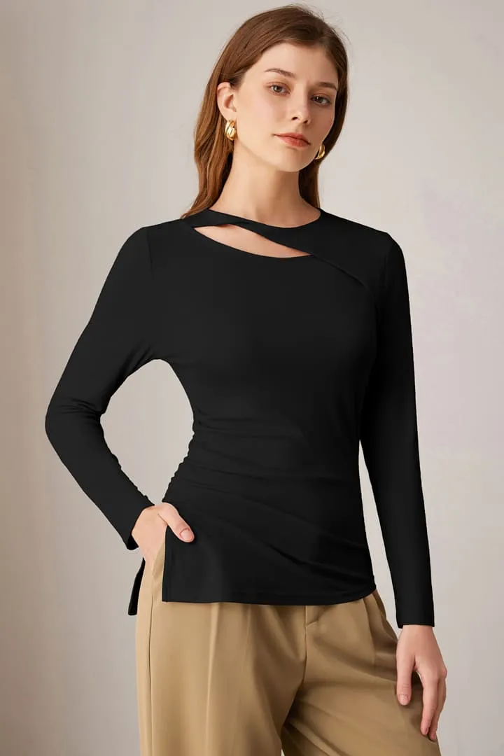 Casual Crewneck Cutout Ruched Slit Long Sleeve Tops sold by Grace Karin