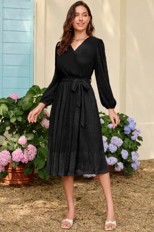 Casua Surplice V-Neck Long Sleeve Flared Midi Dress - Black sold by Grace Karin