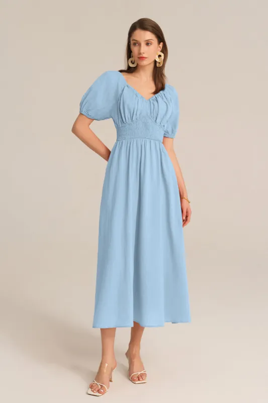 Casual Short Sleeve V-Neck Cotton Smocked Waist Dress - Blue sold by Grace Karin