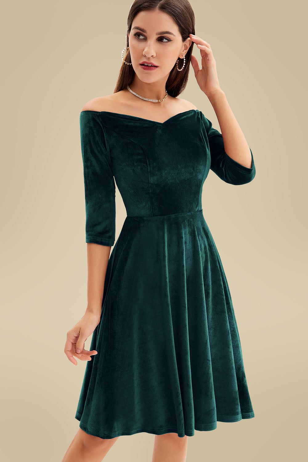 Grace Karin Women Off Shoulder Velvet Dress 3/4 Sleeve Defined Waist Flared A-Line Dress sold by Grace Karin product image thumbnail 2