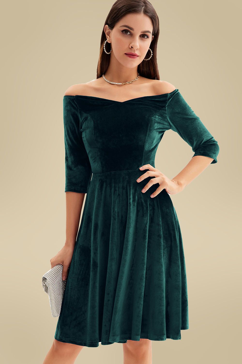 Grace Karin Women Off Shoulder Velvet Dress 3/4 Sleeve Defined Waist Flared A-Line Dress sold by Grace Karin product image thumbnail 3