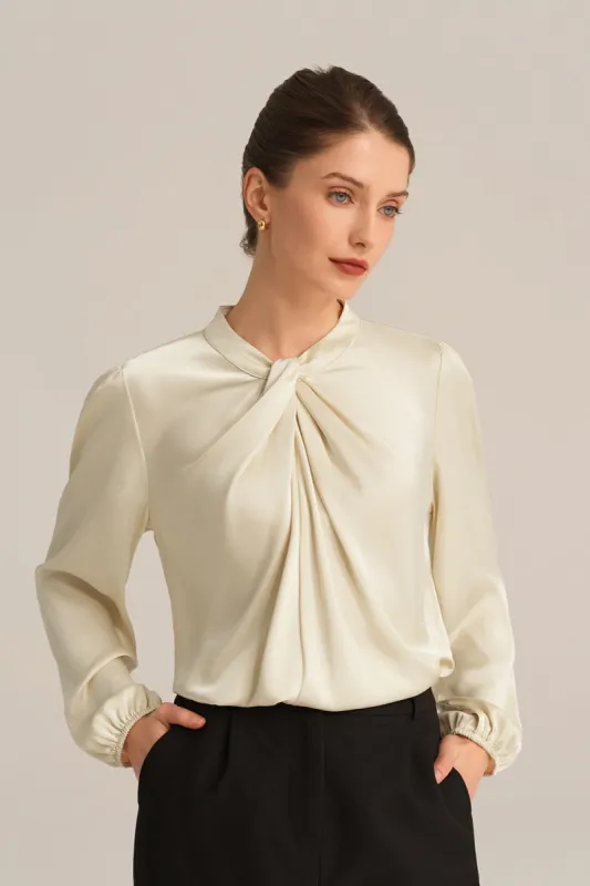 Knotted Neck Comfy Long Sleeve Keyhole Back Blouse - Gold sold by Grace Karin