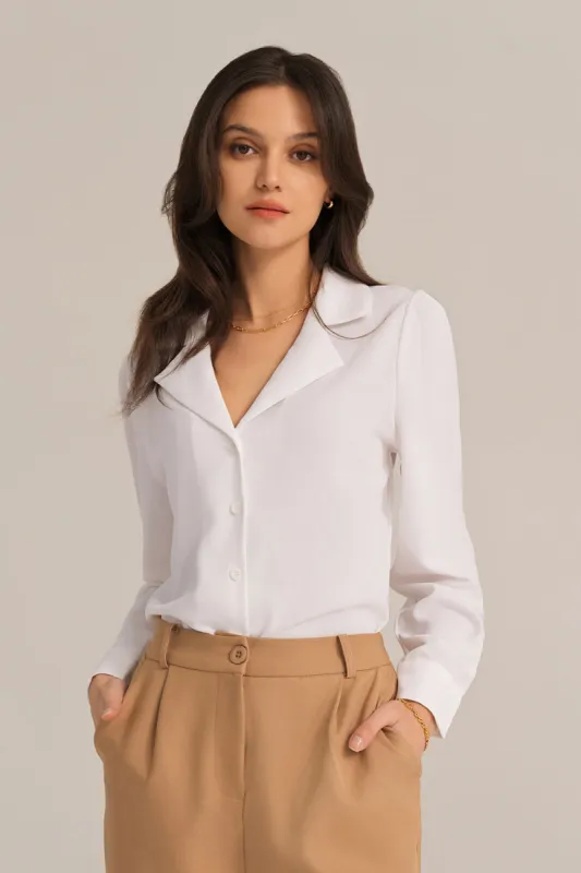 Lapel Collar Puffed Long Sleeve Button-up Blouse - White sold by Grace Karin
