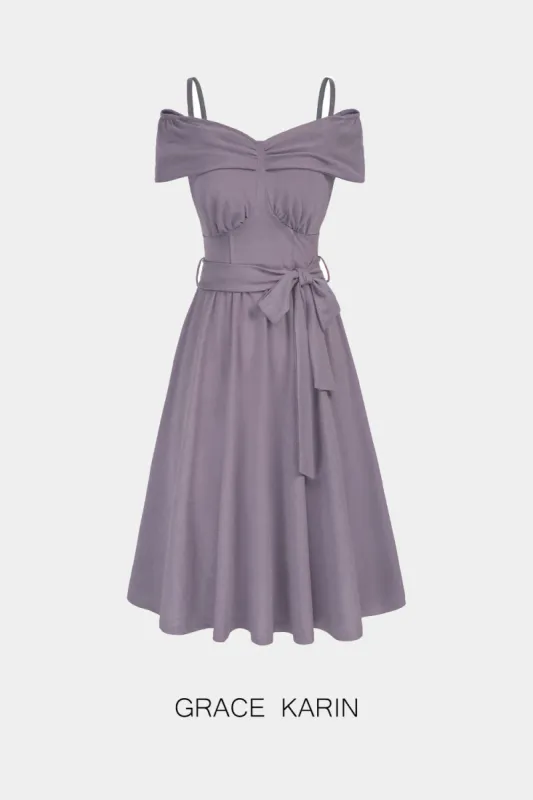 GRACE KARIN Off Shoulder with Belt Below Knee A-Line Dress sold by Grace Karin