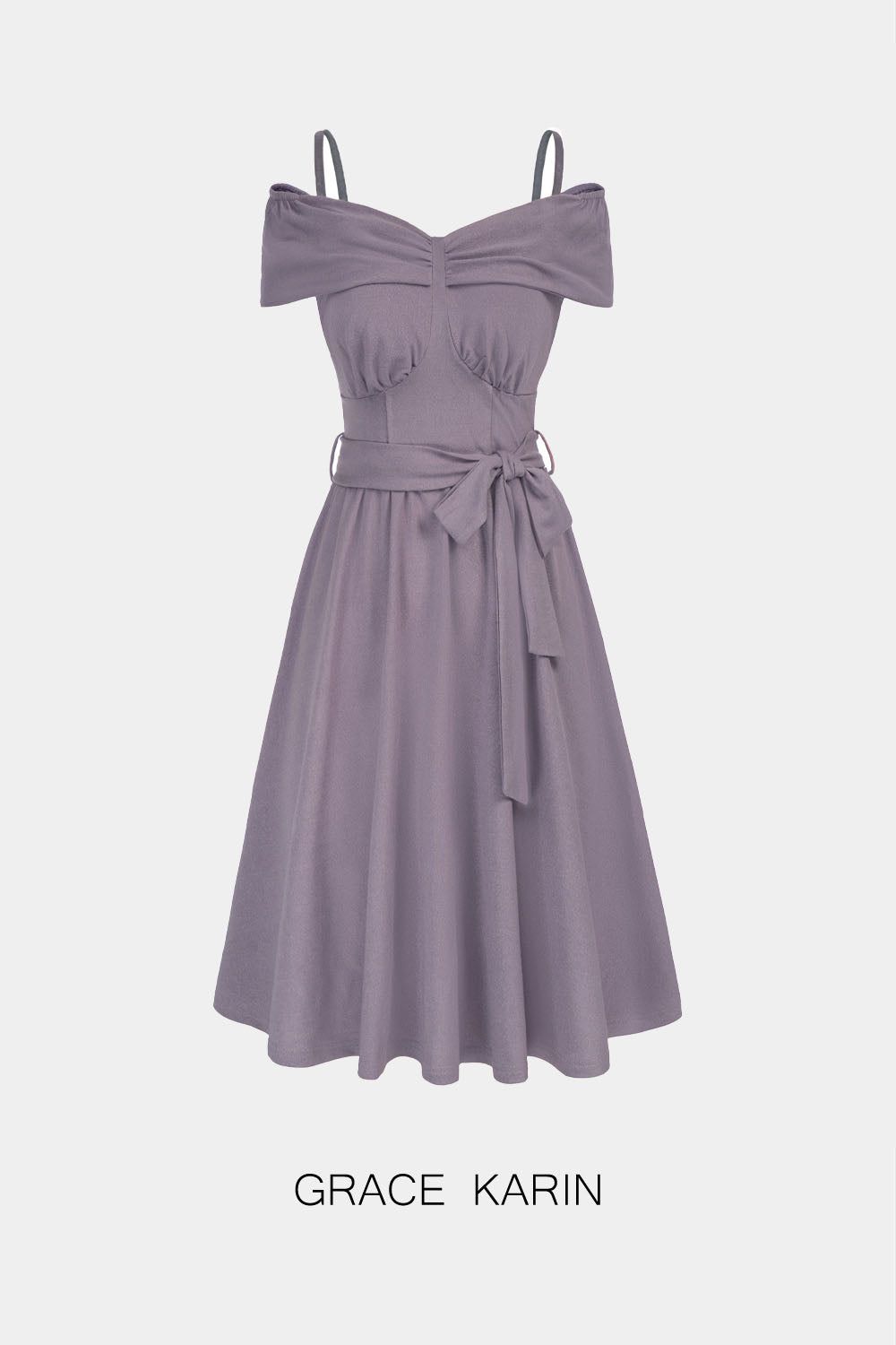 【$19.99 Flash Sale!】GRACE KARIN Off Shoulder with Belt Below Knee A-Line Dress sold by Grace Karin