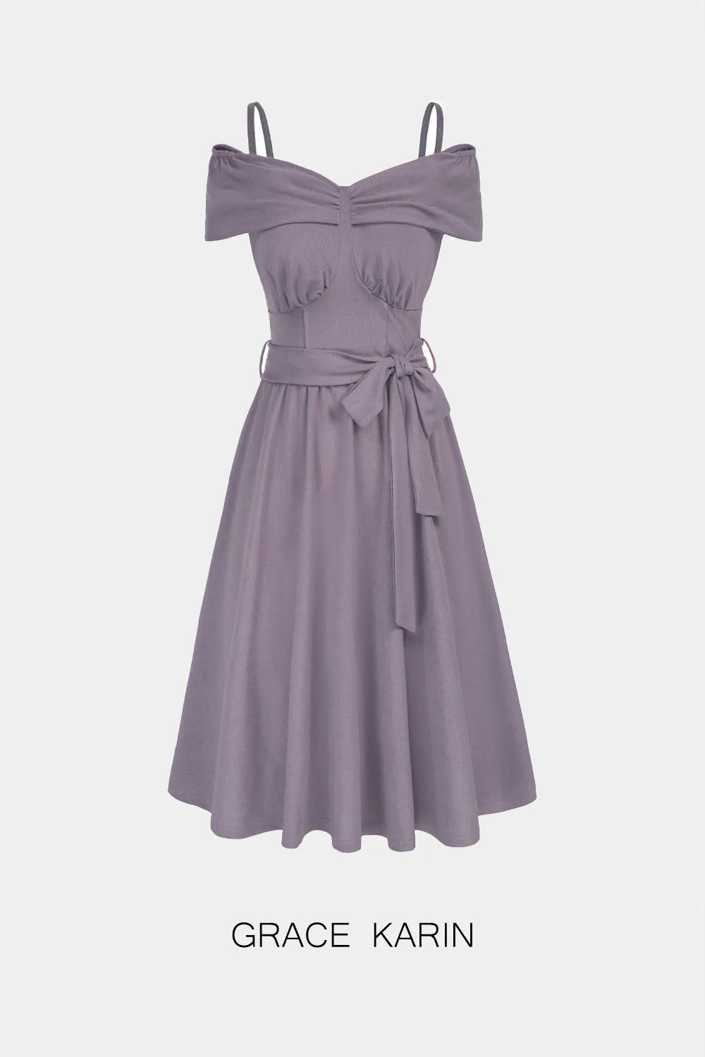 GRACE KARIN Off Shoulder with Belt Below Knee A-Line Dress sold by Grace Karin