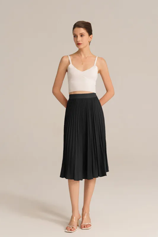 Elastic Waist Solid Color Pleated Skirt - Black sold by Grace Karin
