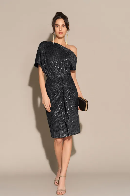 Sequined Asymmetric Off Shoulder Bodycon Party Midi Dress - Black sold by Grace Karin
