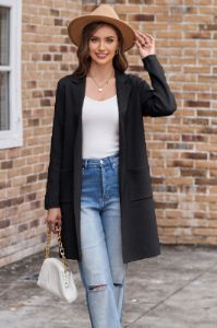 GK Women Lapel Collar Cardigan Long Sleeve Open Front Mid-Thigh Length Sweater sold by Grace Karin
