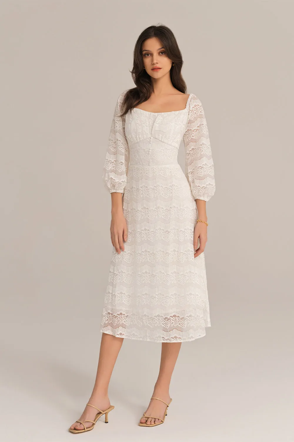 Defined Waist Lace Sleeve Square Neck Midi Dress sold by Grace Karin