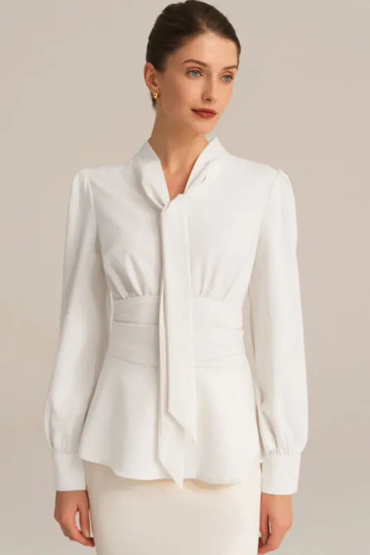 Defined Waist OL Puffed Bow-Knot Decorated Blouse - White sold by Grace Karin