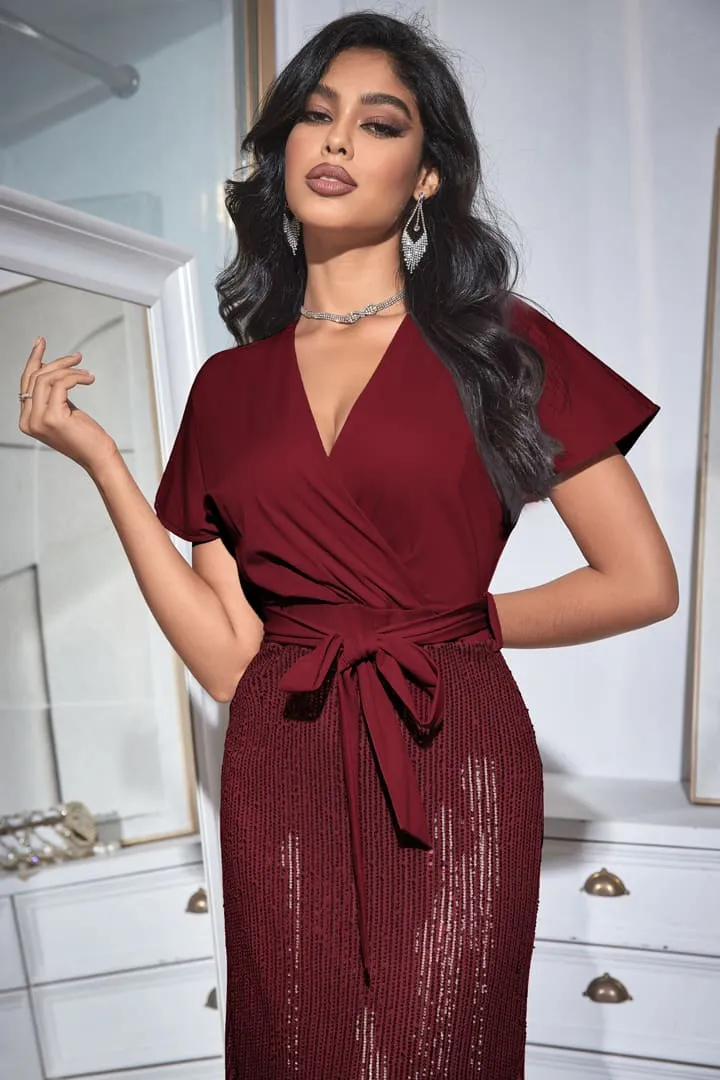 Sequined V Neck Party Long Dress - Wine Red sold by Grace Karin product image thumbnail 2