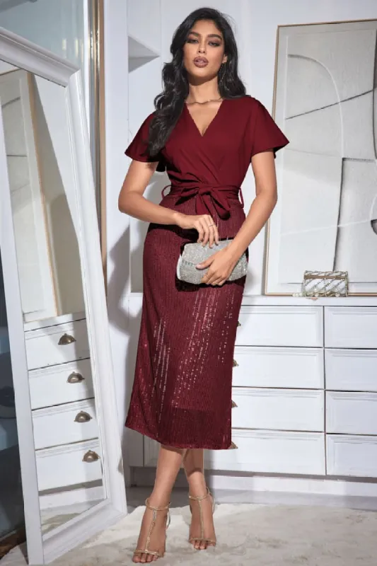 Sequined V Neck Party Long Dress - Wine Red sold by Grace Karin