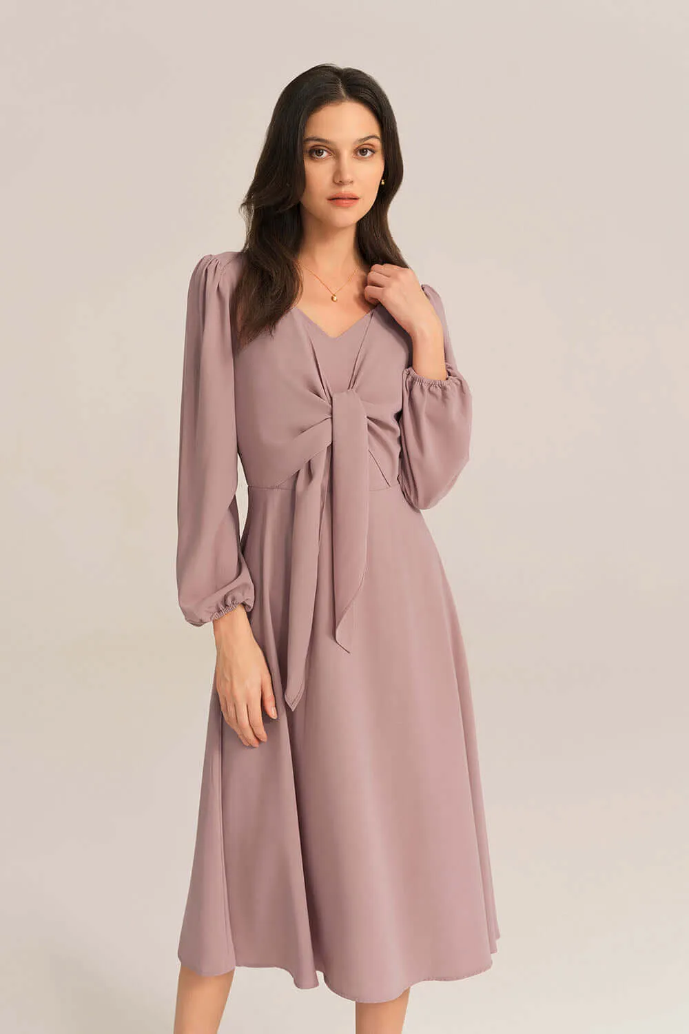 Bow-Knot Long Sleeve Elastic Waist Midi Dress - Pink sold by Grace Karin product image thumbnail 2