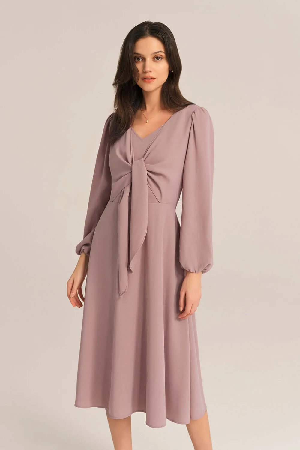 Bow-Knot Long Sleeve Elastic Waist Midi Dress - Pink sold by Grace Karin product image thumbnail 3