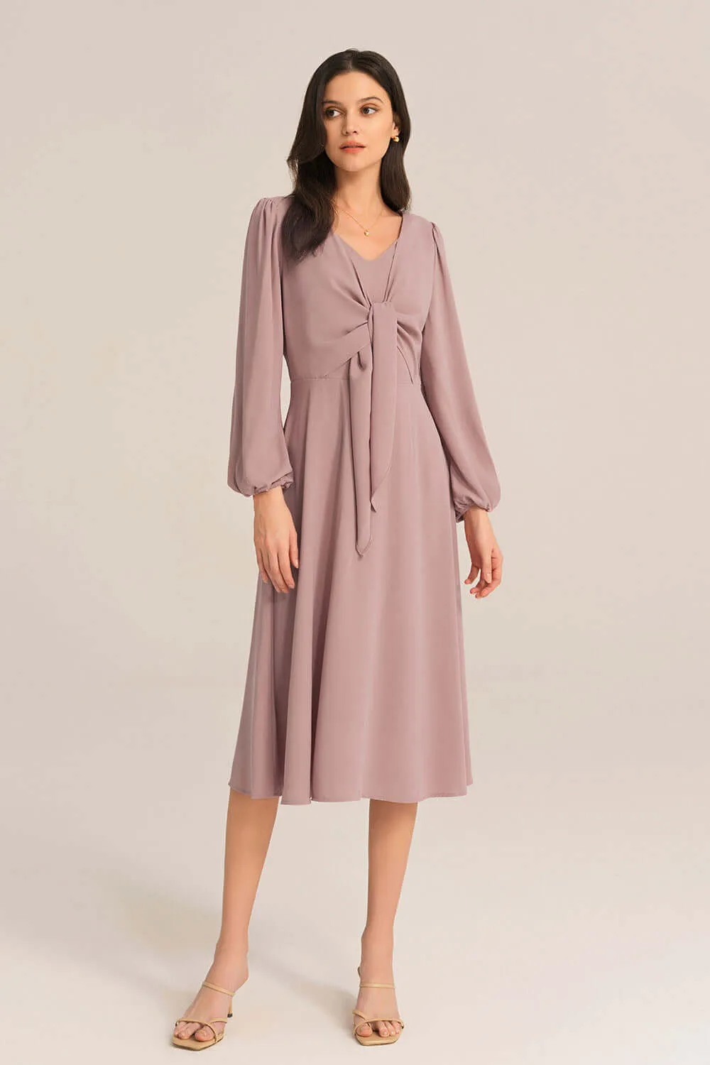 Bow-Knot Long Sleeve Elastic Waist Midi Dress - Pink sold by Grace Karin
