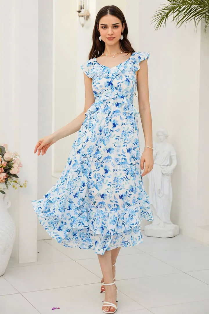 Chiffon V-Neck Sleeveless Ruffle Decorated Floral Maxi Dress - Blue sold by Grace Karin