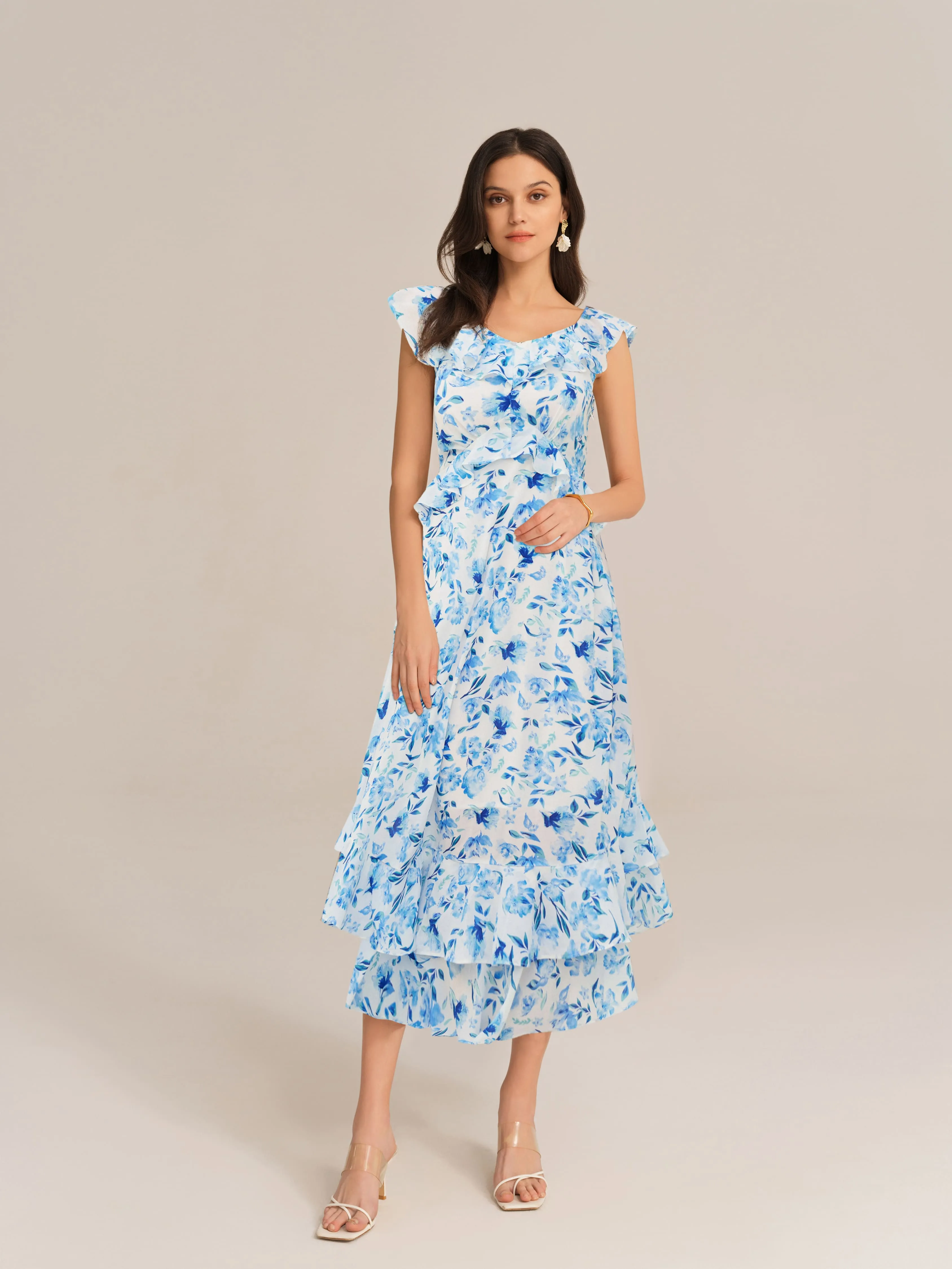 Chiffon V-Neck Sleeveless Ruffle Decorated Floral Maxi Dress - Blue sold by Grace Karin product image thumbnail 2