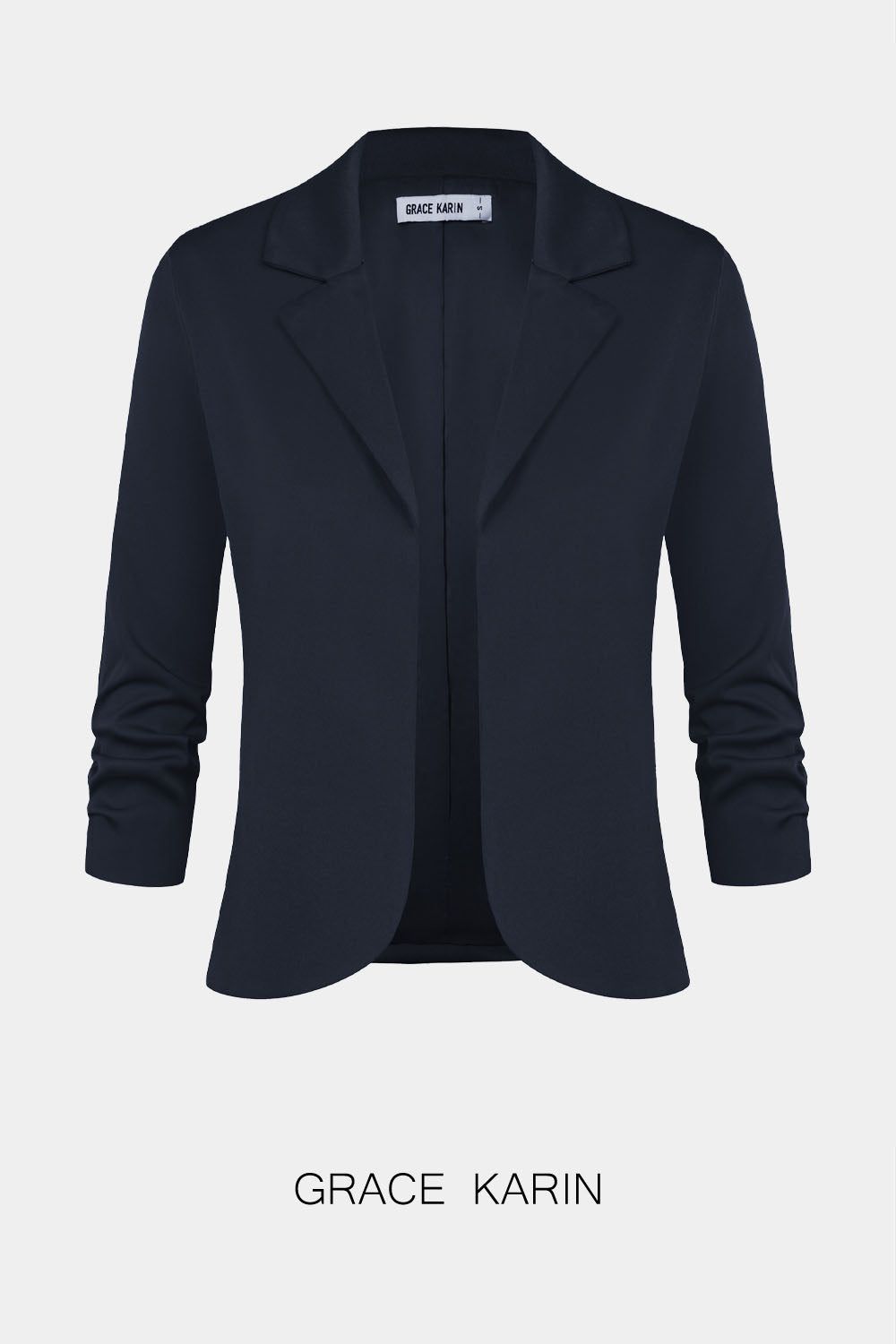 Women Cropped Blazer Coat 3/4 Ruched Sleeve Open Front Irregular Hem Coat sold by Grace Karin